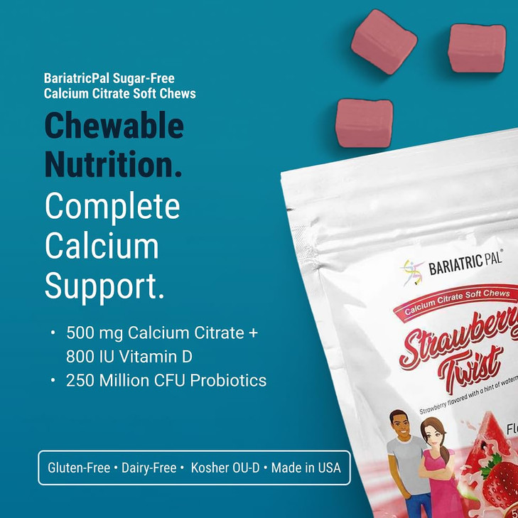 BariatricPal Sugar-Free Calcium Citrate Soft Chews | 500mg with Vitamin D & Probiotics | Strawberry Twist | 90 Count (1 Month Supply)