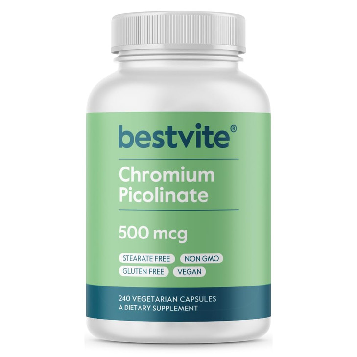BESTVITE Chromium Picolinate 500mcg (240 Vegetarian Capsules) - No Stearates - No Dicalcium Phosphate - Vegan - Gluten Free - Non-GMO