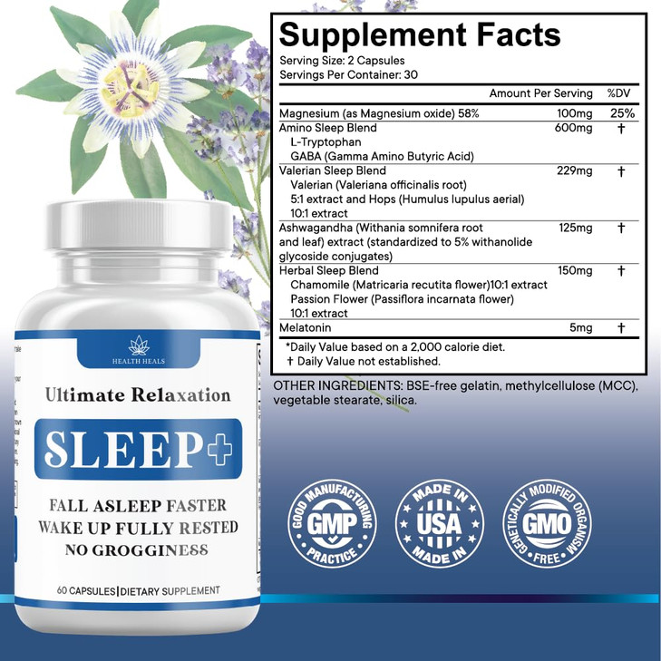 Relaxation Sleep Aid, Natural Non-Habit Forming, Sleep Supplement Developed to Support for Longer & Better Sleep, Chamomile, Magnesium, Melatonin, As