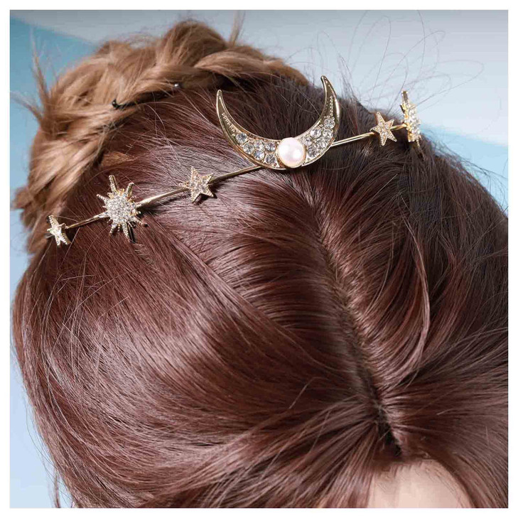 Yheakne Boho Moon Star Headband Gold Rhinestone Head Chain Crystal Headband Sparkle CZ Hair Chain Headpieces Decorative Alloy Headdress Wedding Hair