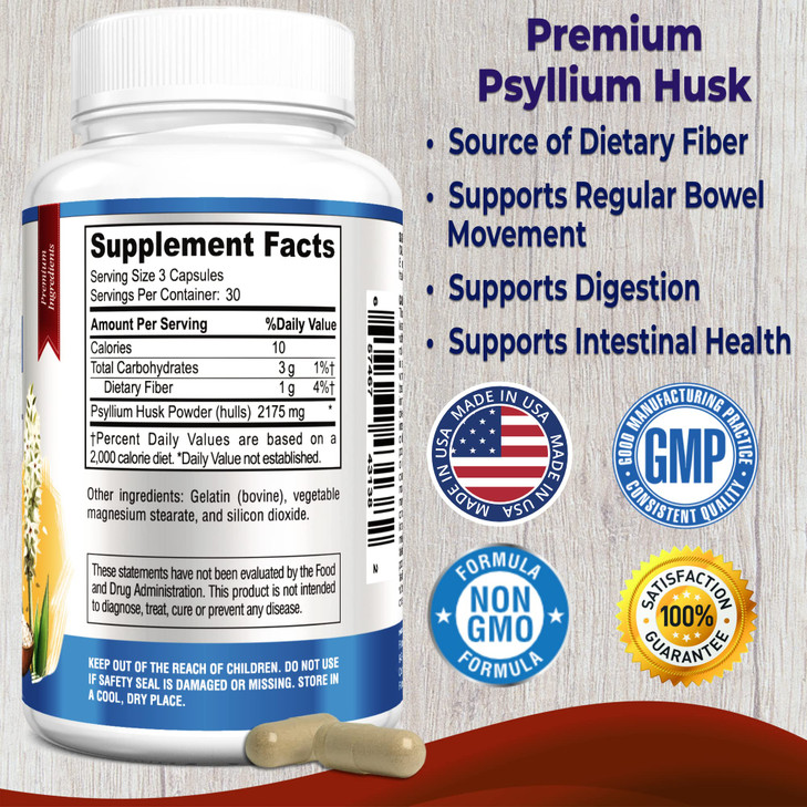 YUMMYVITE Psyllium Husk Dietary Fiber Supplement 2175mg, Non-GMO, 90 Capsules