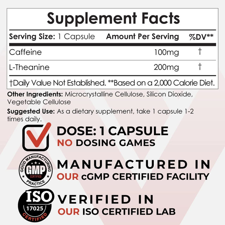 Nootropics Depot Caffeine and L-Theanine Capsules | 60 Pills | Contains 100mg of Caffeine and 200mg of L-Theanine | Natural Supplement | Energy Boost