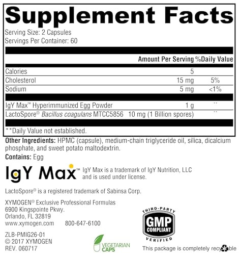 XYMOGEN ProbioMax IG 26 - Bacillus coagulans Spore Based Probiotic, Immunoglobulins + IgY Max Hyperimmunized Egg - Promotes Immune & Intestinal Healt