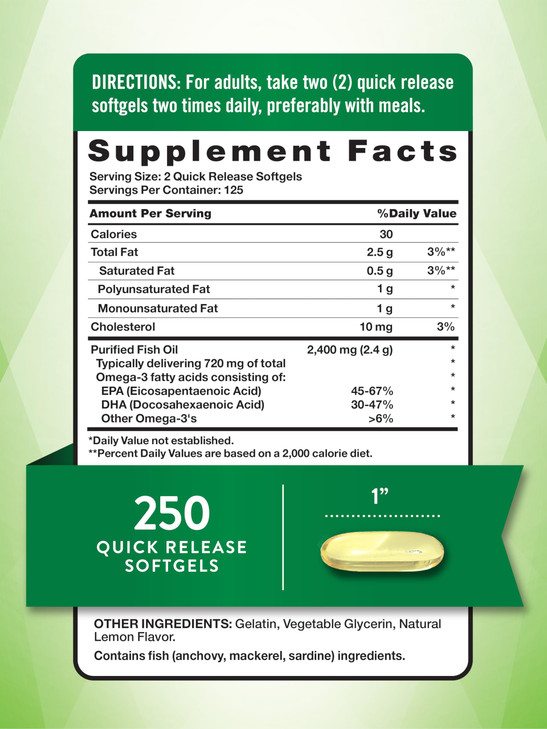 Nature's Truth Burpless Fish Oil 2400mg | 250 Softgels | 720 mg Omega 3 | Natural Lemon Flavor Pills | Non-GMO & Gluten Free Supplement