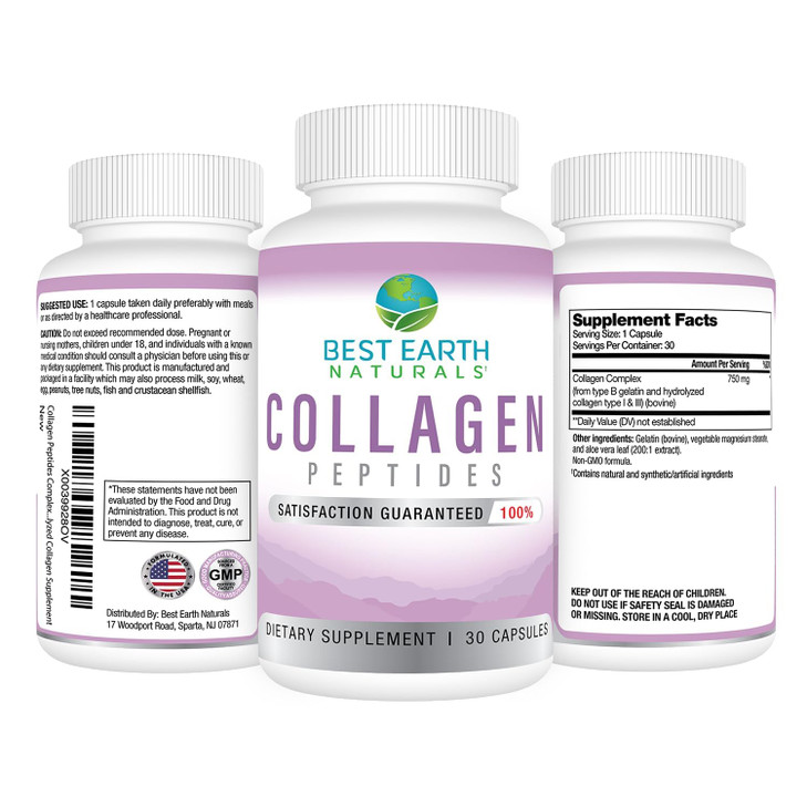 Best Earth Naturals Hydrolyzed Collagen Type I & III - Collagen Peptides Supplement for Women and Men to Support Hair, Skin, Nails, & Joints 30 Day S