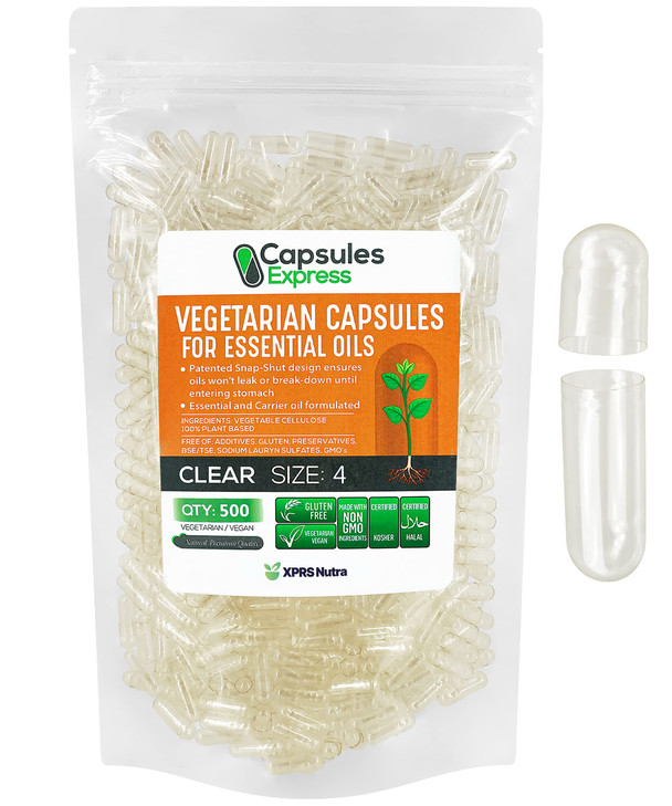 XPRS Nutra Size 4 Empty Vegan Capsules - 500 Count Clear Veggie Capsules for Most Essential Oils - Empty Vegetable Pills - DIY Oil Filling