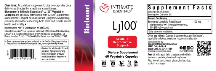 Bluebonnet Nutrition Intimate Essentials LJ100, Soy-Free, Gluten-Free, Non-GMO, Dairy-Free, Kosher Certified, Vegan, 60 Capsules, 30 Servings