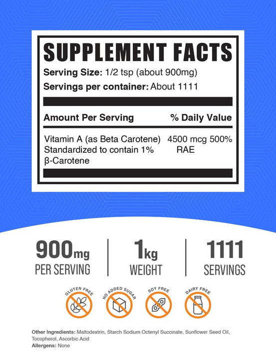 BulkSupplements.com Beta Carotene Powder - Beta Carotene Supplement, Vitamin A Supplement for Immune and Vision Support - Gluten Free, 900mg per Serv