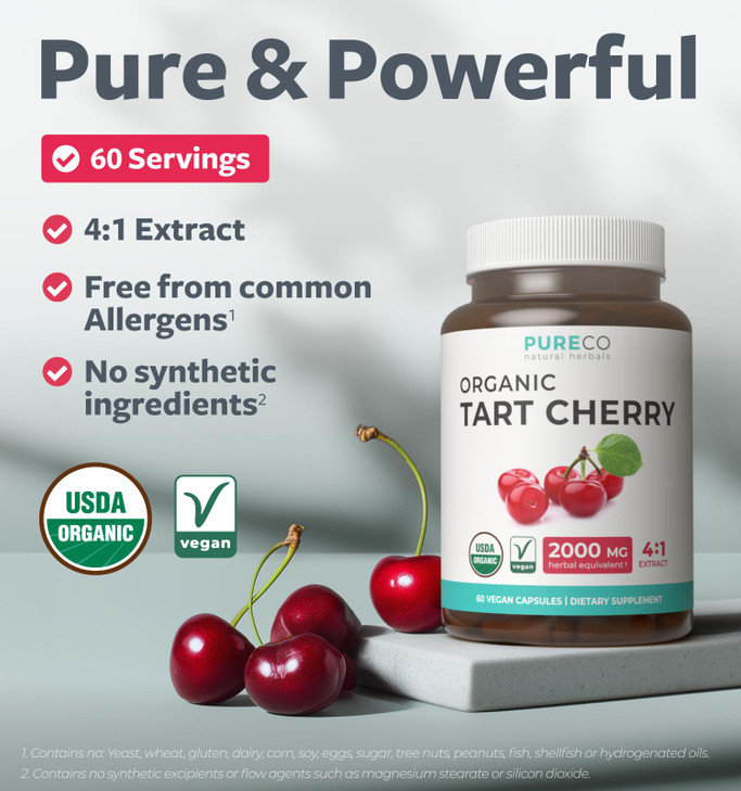 Organic Tart Cherry Capsules - High Strength 4:1 Tart Cherry Extract Capsules with 2000mg Herbal Equivalent per Serving for Uric Acid Support - Vegan
