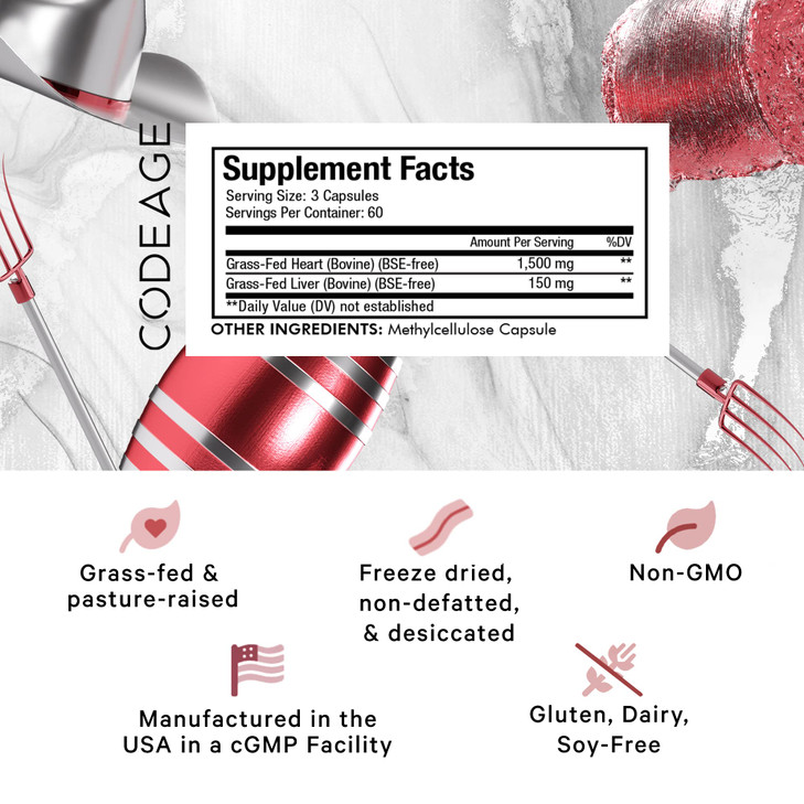 Codeage Grass Fed Beef Heart Supplement - Freeze Dried, Non-Defatted, Desiccated Glandular Supplements - Bovine Meat & Liver Pills - Beef Vitamins fo