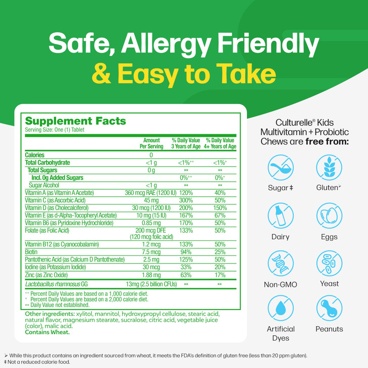 Culturelle Kids Complete Chewable Multivitamin + Probiotic For Kids, Ages 3+, 50 Count, Digestive Health, Oral Health & Immune Support - With 11 Vita