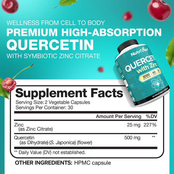 Nutrivein Zinc Quercetin Combined Supplement - Enhanced-Absorption Quercetin with Zinc for Respiratory, Cardio, Immune, & Full-Body Support - Maximum