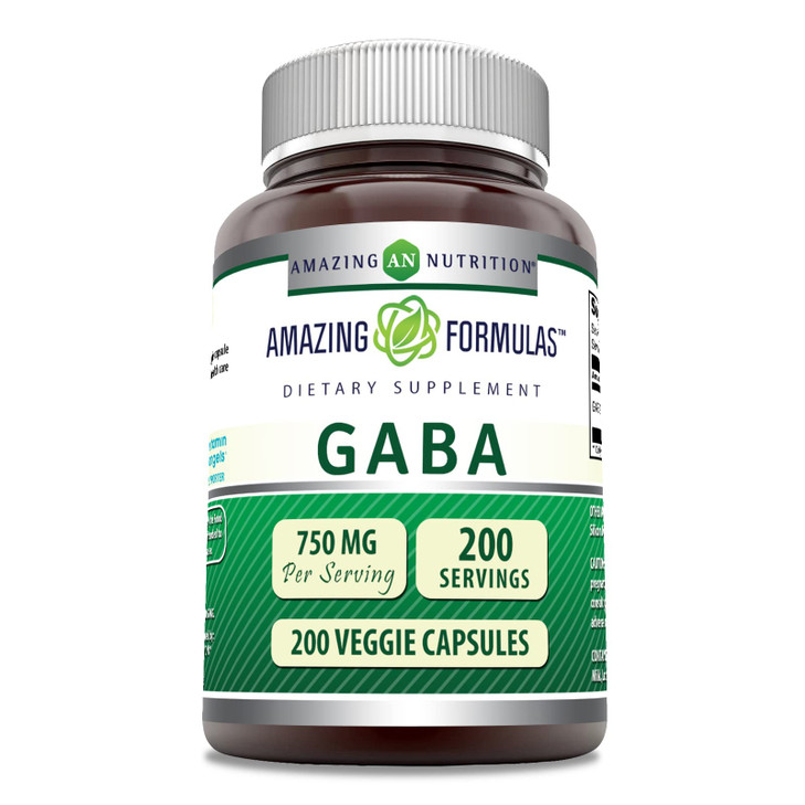 Amazing Formulas GABA 750mg Per Serving Veggie Capsules Supplement | Non-GMO | Gluten Free | Made in USA | Ideal for Vegetarians (200 Count)