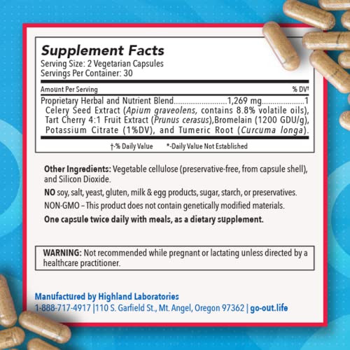 Mt. Angel Vitamins Go Out - Extra Strength Support - Uric Acid Balance with Tart Cherry, Celery Seed, Turmeric - Non-GMO, Gluten-Free - 60 Caps