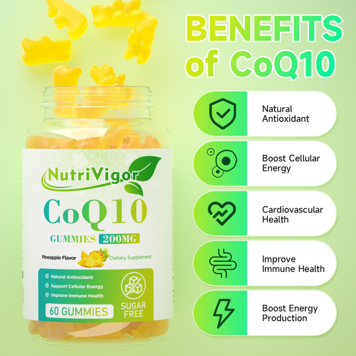 NutriVigor CoQ10 Gummies, Coenzyme Q10 Supplement 200 mg, High Absorption CoQ10 Supplement for Cellular Energy and Immune Health, Vegan, Gluten Free,