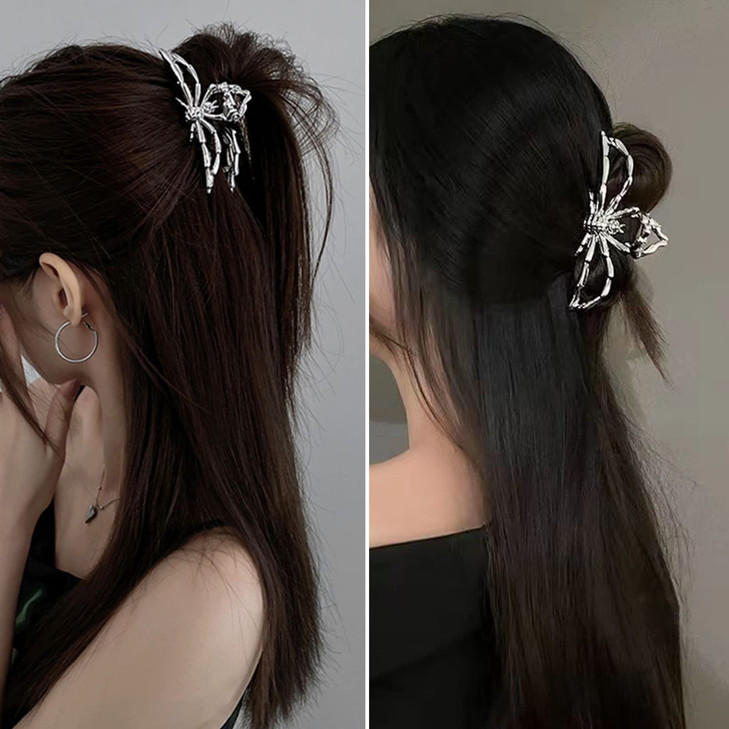 AEGYPIUS Spider Claw Clip, 4.52 x 1.77 inches Silver Claw Clip, Spider Hair Clip Halloween Claw Clips, Nonslip Metal Hair Clips for Women Hair Claw C