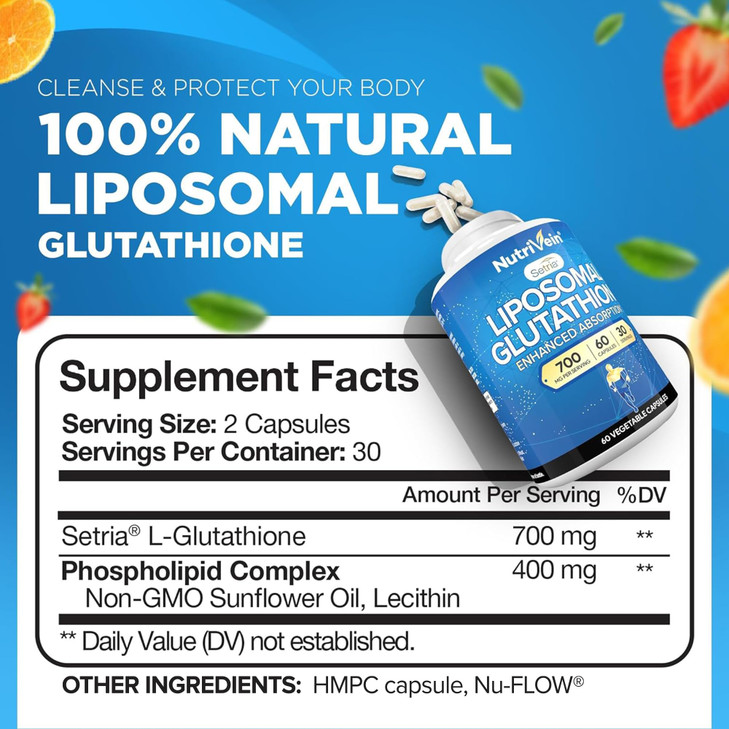Nutrivein Premium Liposomal Glutathione Supplement 700 mg - 60 Caps - Pure Reduced Glutathione Setria - Master Antioxidant - Cell Protection, Cleansi