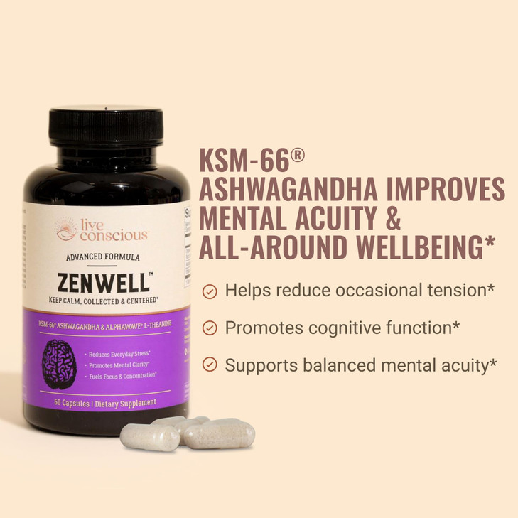 Live Conscious KSM-66 Ashwagandha Supplement w/L Theanine & AlphaWave - ZenWell Everyday Stress Relief, Cognitive, Brain Health - Ashwagandha for Men