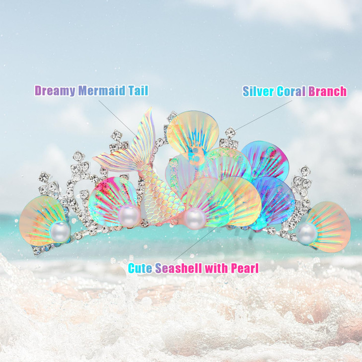 Mermaid Headband, Mermaid Headband Crystal Rhinestones Comb For Tiara Elegant Hair Accessories for Women Girls Birthday Wedding Party Costume Headpie