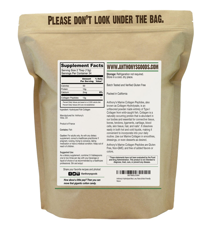 Anthony's Hydrolyzed Marine Collagen Peptides, Gluten-Free, Paleo and Keto Friendly, Unflavored, 1-Pound