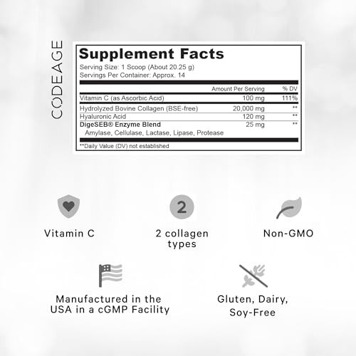 Codeage Collagen Peptides Powder + Vitamin C - 20g Grass-Fed Collagen Per Serving - Digestive Enzymes, Hyaluronic Acid, 18 Amino Acids - Hydrolyzed C