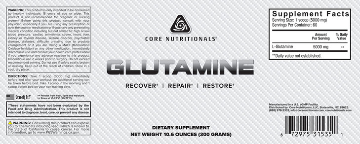 Core Nutritionals Glutamine Amino Acid | Enhance Recovery & Restore L-Glutamine Levels | Immune Support, Muscle Build, Gut Health | 60 Servings (Unfl