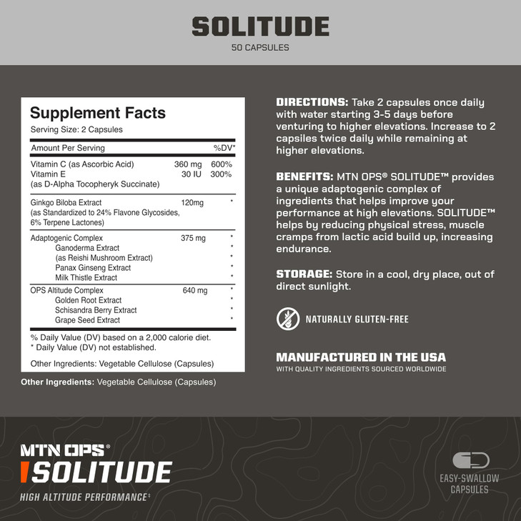 MTN OPS Solitude High-Altitude Performance, Adaptogenic Complex - Reishi Mushroom & Milk Thistle, Altitude Complex - Golden Root, Schisandra and Grap
