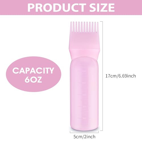 COMNICO Root Comb Applicator Bottle, 6 Ounce Plastic Squeeze Hair Dye Oil Applying Applicator Brush Cap with Graduated Scale, Portable Hair Color Dis
