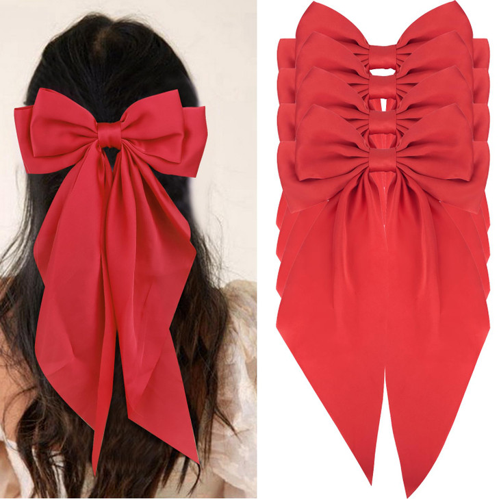 Wecoe 4pcs Hair Accessories for Women: Large Satin Hair Bows, Barrettes with Long Tails in White, Red, Purple - Cute Christmas Gift