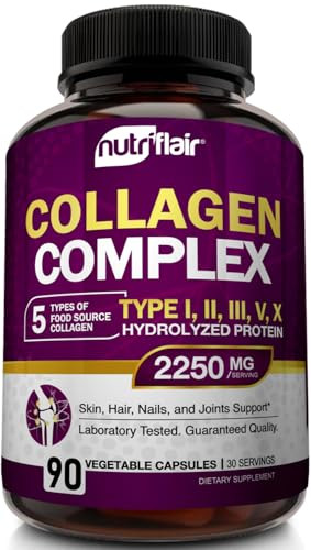NutriFlair Multi Collagen Peptides 2250mg, 90 Capsules - Type I, II, III, V, X - Collagen Supplements Complex Powder Pills for Women and Men - Hydrol