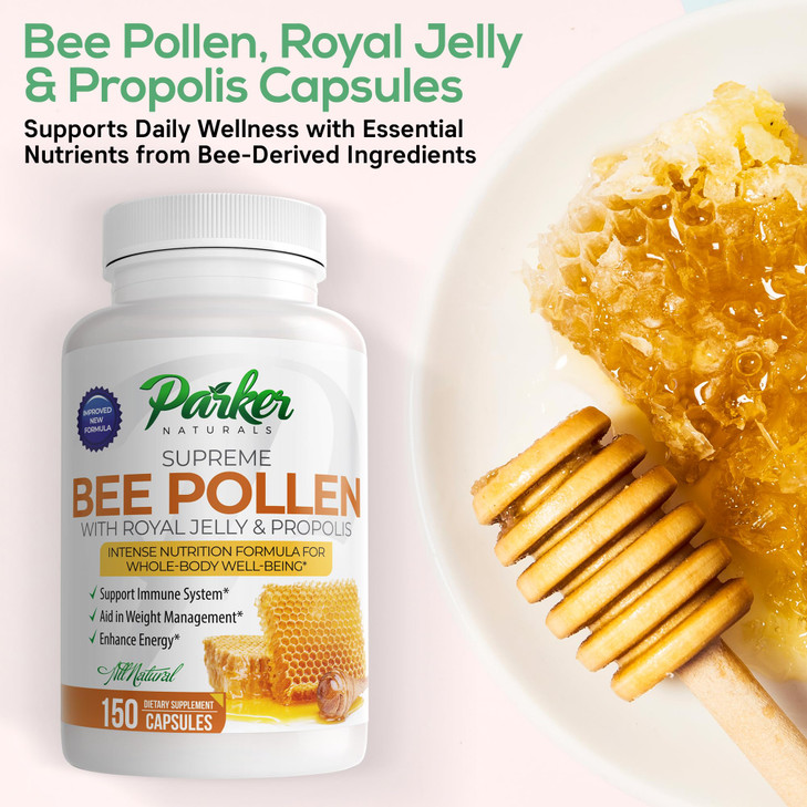 Parker Naturals Supreme Bee Pollen Capsules, 3520 mg Royal Jelly, Bee Pollen, and Bee Propolis Capsules, Natural Bee Pollen Supplement for Adults, 15