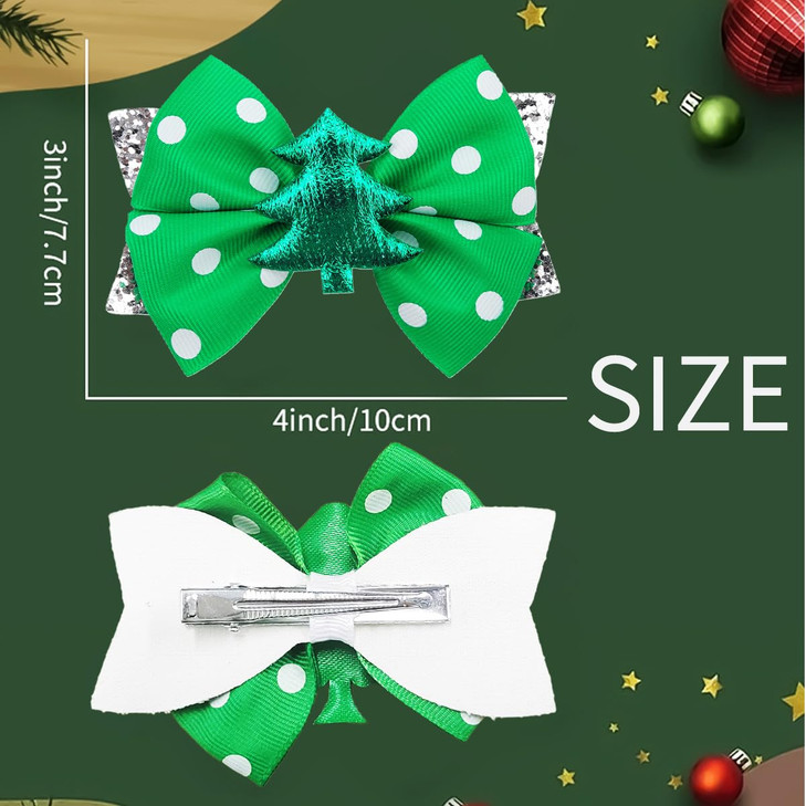 2PCS Christmas Green Bow Hair Clips Cute Glitter Xmas Tree Hair Bows Alligator Hair Clips Silver Sequins Hair Accessories Christmas Hair Barrette for