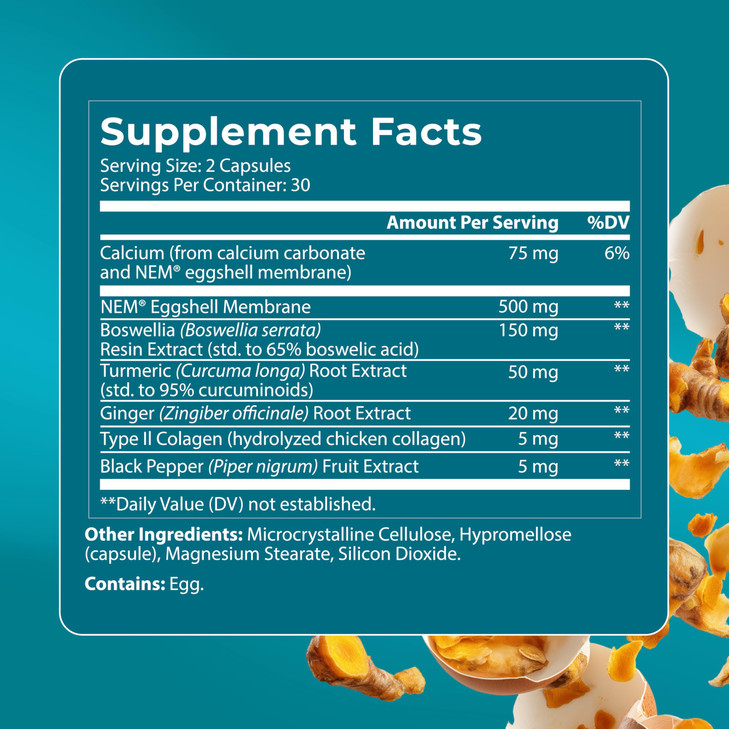 PUREHEALTH RESEARCH Joint Support NEM Eggshell Membrane with Boswellia Extract, Calcium & Turmeric, 60 Capsules