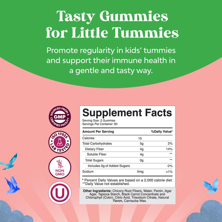 High Prebiotic Fiber Gummies for Kids - Dietary Fiber Supplements for Digestion & Constipation - Chicory Root Kids Immune Gummies - Non-GMO & Vegan D