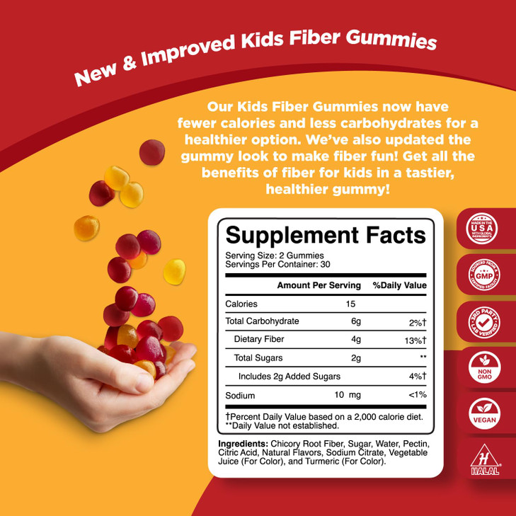 High Prebiotic Fiber Gummies for Kids - Dietary Fiber Supplements for Digestion & Constipation - Chicory Root Kids Immune Gummies - Non-GMO & Vegan D