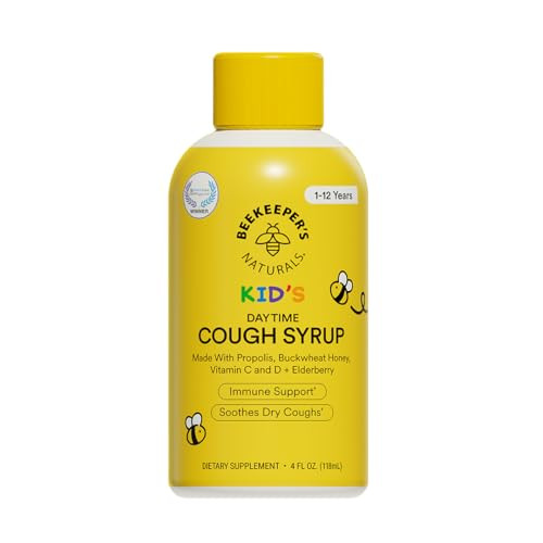 Beekeeper's Naturals Propolis Honey Cough Syrup Daytime for Kids Immune Support with Elderberry, Vitamin C, Vitamin D & Raw Honey - Throat Soothing -