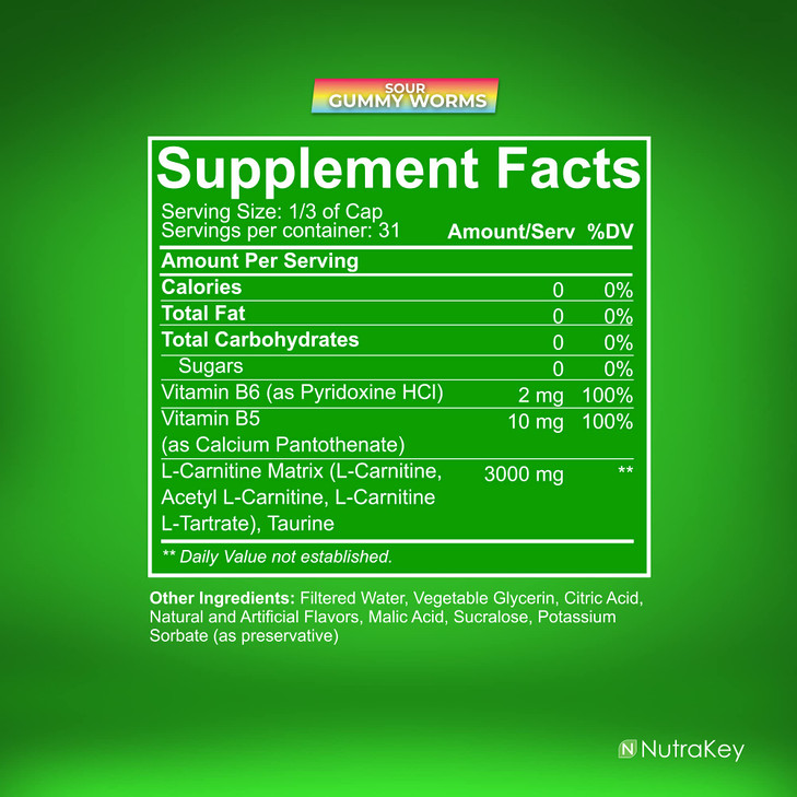 NutraKey L-Carnitine 3000mg, No Sugar, Gluten Free, Turn Into Fuel, (Sour Gummy Worms) 31 Servings