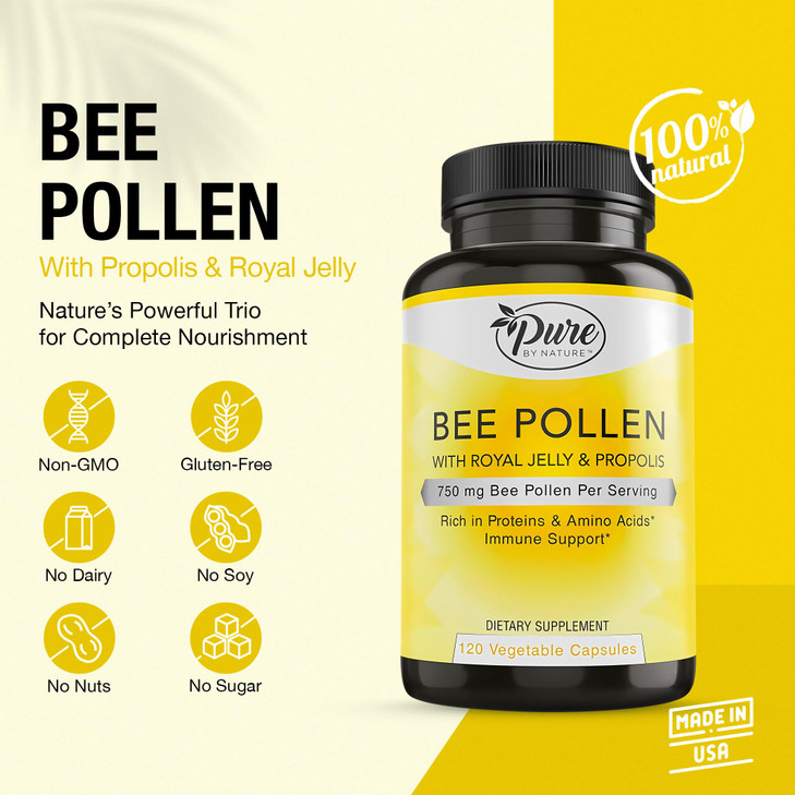 Pure By Nature Bee Pollen Supplement with Propolis & Royal Jelly for Immune Support, Antioxidant Properties, 120 Non-GMO Vegetarian Capsules