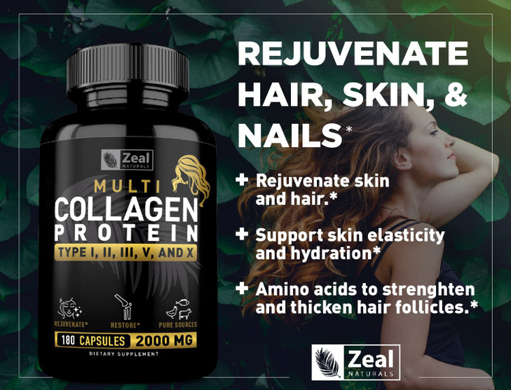 Multi Collagen Peptides Pills (Types ?,?,?,?,?) Grass Fed Collagen Pills (180 Capsules) - Hydrolysate Collagen Protein Blend for Hair, Skin, Nails, a