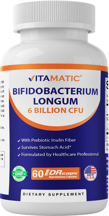 Vitamatic Bifidobacterium Longum 6 Billion CFU per DR Capsule - 60 Count - Promotes Intestinal Health - Made with Prebiotic Inulin Fiber