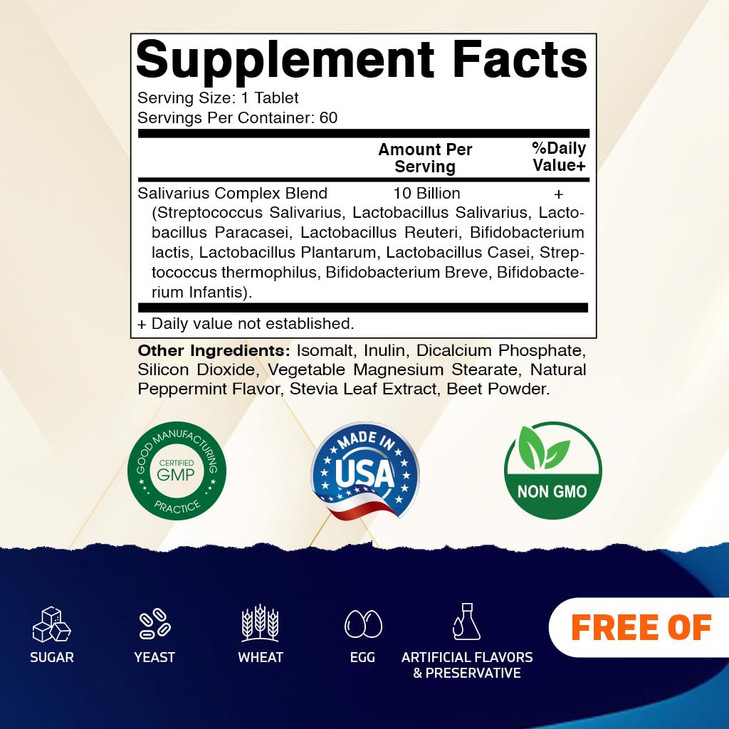 Vitamatic Salivarius Complex 10 Billion Chewable Mint Flavored Tablet - 60 Count - Oral Health Chewable Probiotics + Prebiotics - Supports Healthy Te