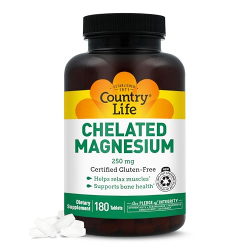 Country Life Chelated Magnesium 250mg - Supports Heart, Bone & Muscle Health, Vegan-Friendly Magnesium Supplement with Magnesium Oxide and Amino Acid