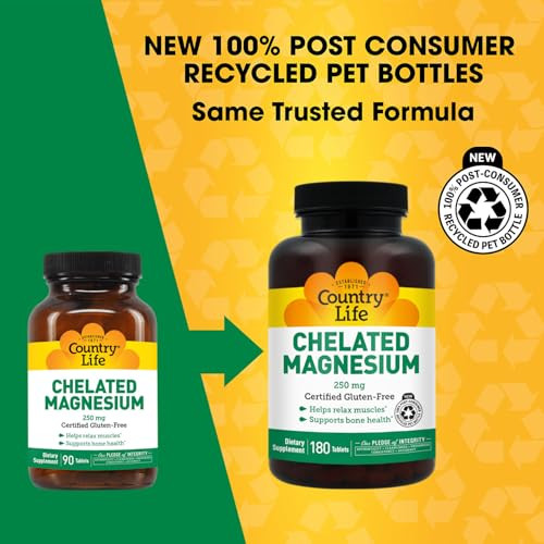 Country Life Chelated Magnesium 250mg - Supports Heart, Bone & Muscle Health, Vegan-Friendly Magnesium Supplement with Magnesium Oxide and Amino Acid