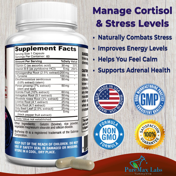 Adrenal Support, Cortisol Manager, Adrenal Health, Maintain Balanced Cortisol Levels, Stress Relief Supplement with Ashwagandha, L-Tyrosine - 60 Caps