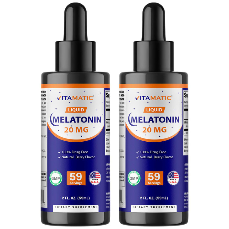 Vitamatic 2-Pack Melatonin 20mg Liquid Drops - 2 fl oz (59 ml) Each - Natural Berry Flavor - Non-GMO, Vegetarian Supplement for Adults