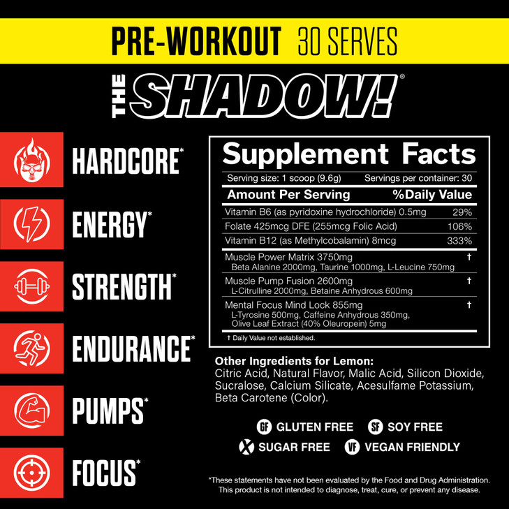 JNX SPORTS The Shadow! High Stim Preworkout | 350mg of Caffeine | Lemon 30 Servings | Electric Energy, Mental Focus & Superhuman Strength for Men & W
