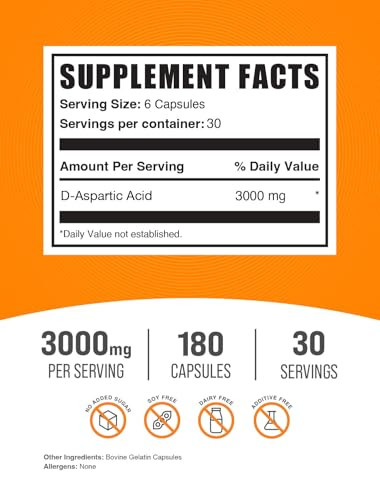 BulkSupplements D-Aspartic Acid Capsules - DAA Supplement for Men & Women, D-Aspartic Acid 3000mg - Unflavored & Soy Free, 6 Capsules per Serving, 18
