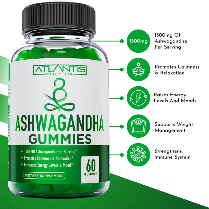 Atlantis Nutrition Ashwagandha Gummies - 1500 MG Per Serving - Promotes Calmness, Improves Mood, Boosts Energy Levels & Strengthens Immune System - F