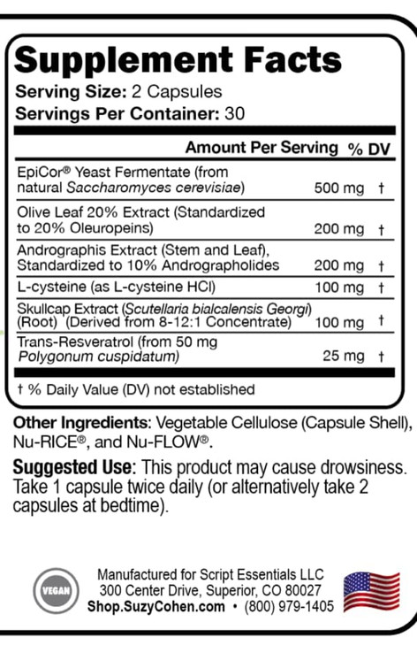 Immune Script with EpiCor for Seasonal Immune, Gut and Respiratory Support - Contains Andrographis, Skullcap, Resveratrol, Olive Leaf Extract, Suppor
