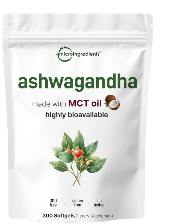 Micro Ingredients Ashwagandha Supplements | 300 Coconut MCT Oil Softgels with Black Pepper for Better Absorption | Potent Root Extract | Non-GMO